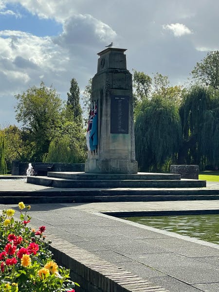 Bourne War Memorial in Wellhead Park, Bourne, Lincolnshire, UK.