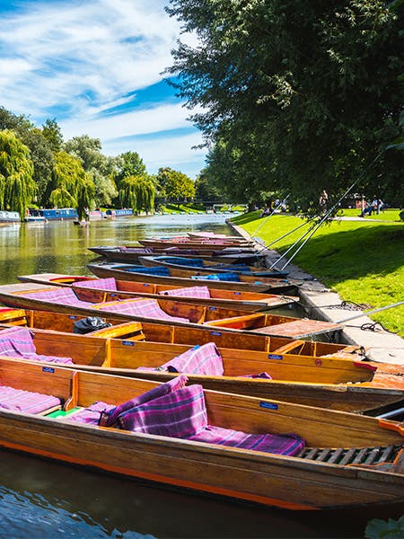 A row of punts on a bright summer's day, Cambridge City Centre, England.
